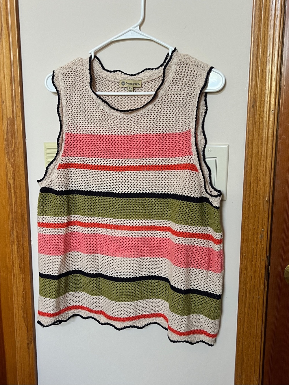 Democracy Striped Open-Knit Tank in Pink, Olive & Cream Colorblock Cotton